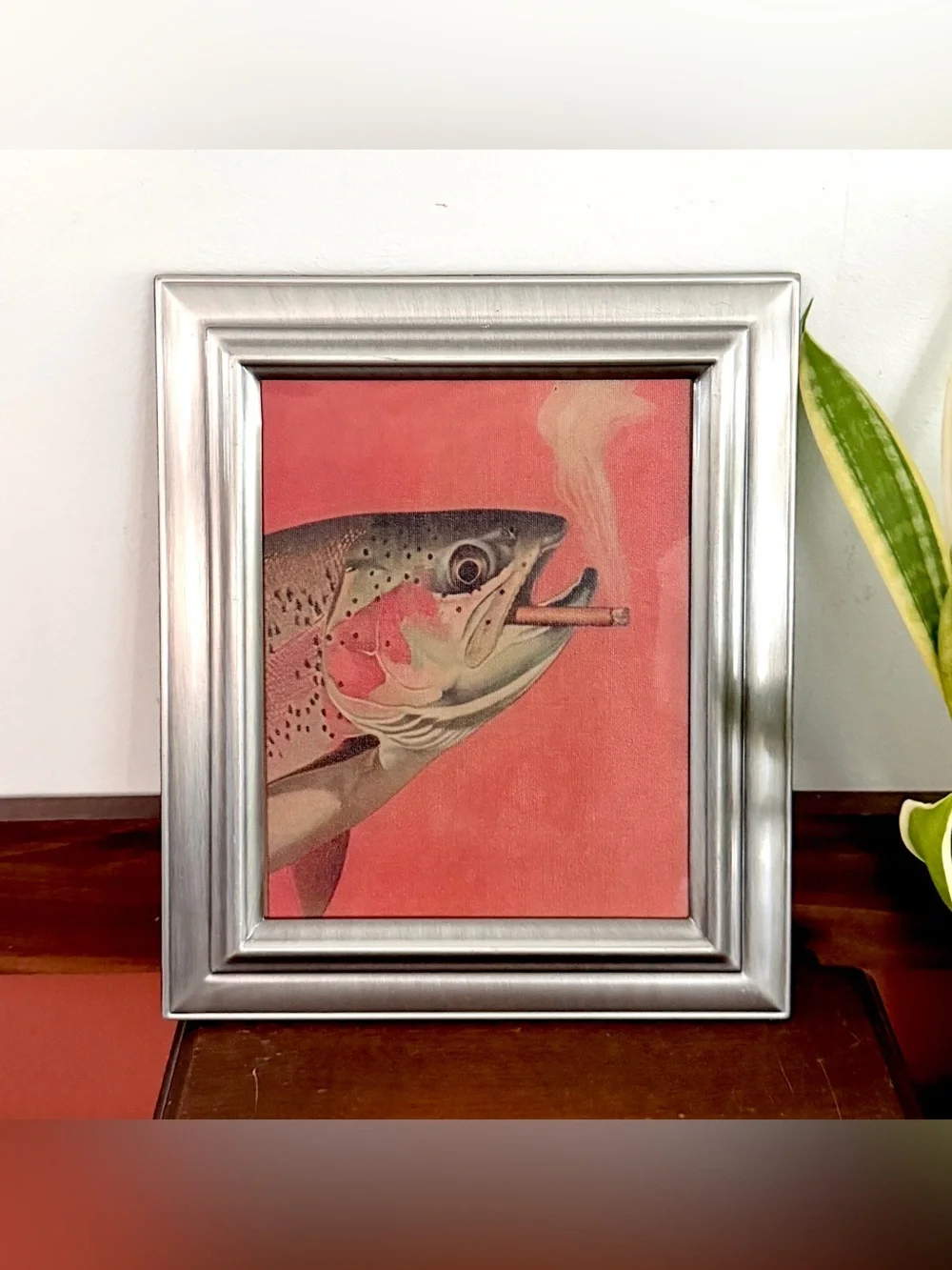 Trout Fish Smoking a Cigarette Vintage Style Canvas Wall Art Print Silver Framed
